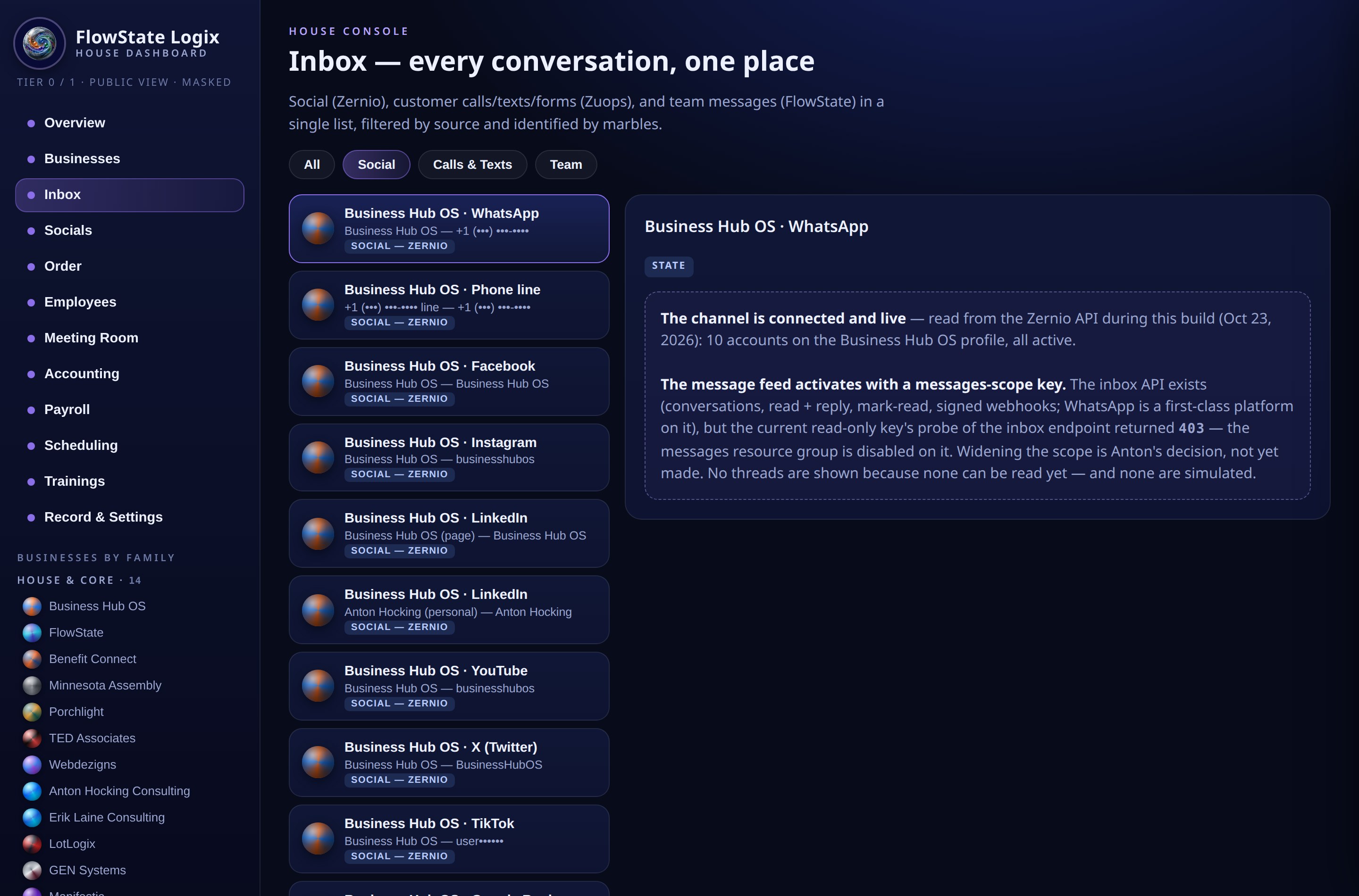 The real FlowState combined inbox, conversations badged with the channel each one arrived on