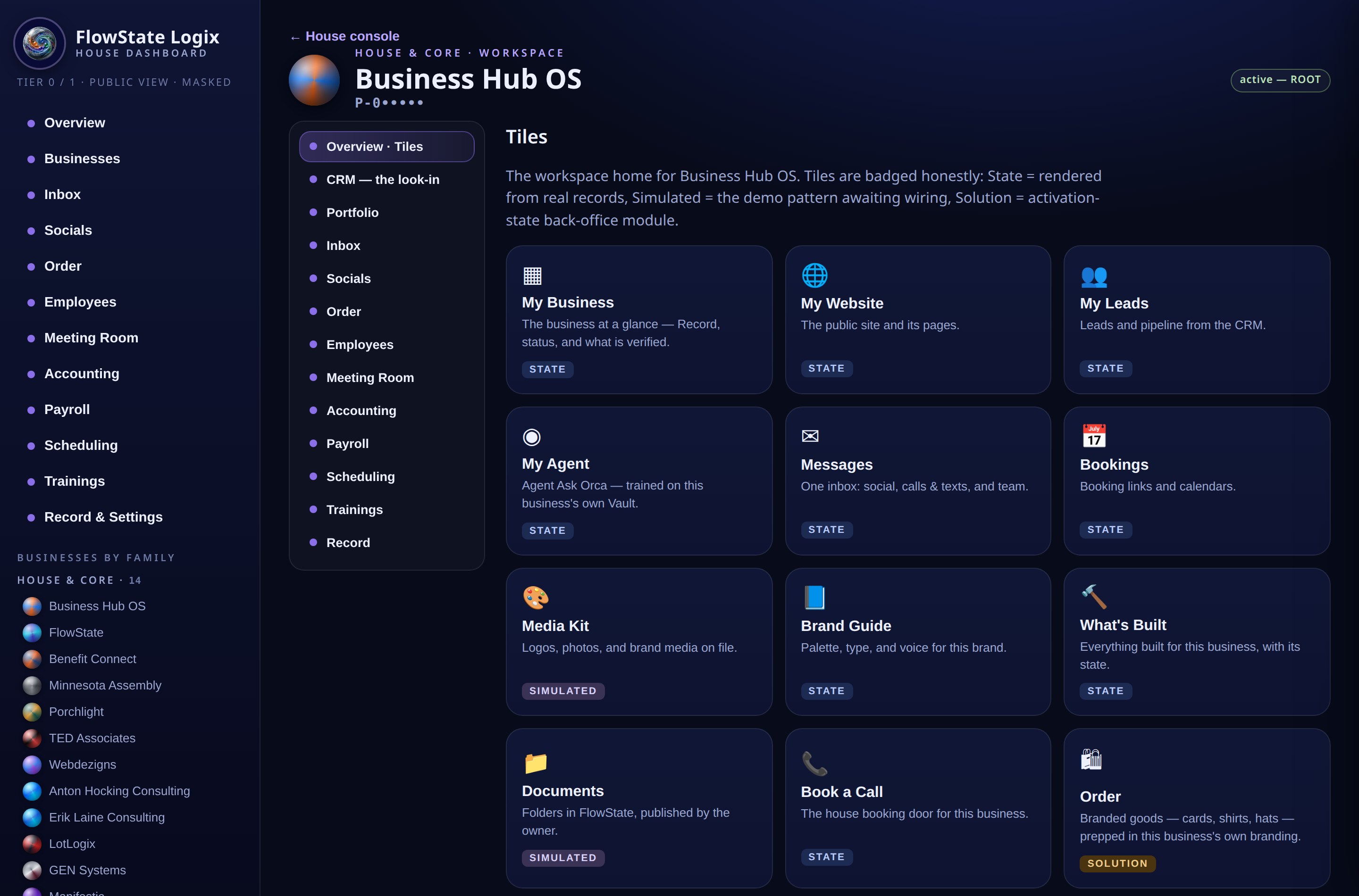 The real FlowState workspace inside one business, in that business's own colors